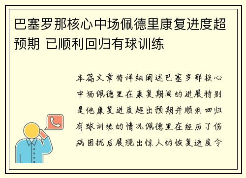 巴塞罗那核心中场佩德里康复进度超预期 已顺利回归有球训练