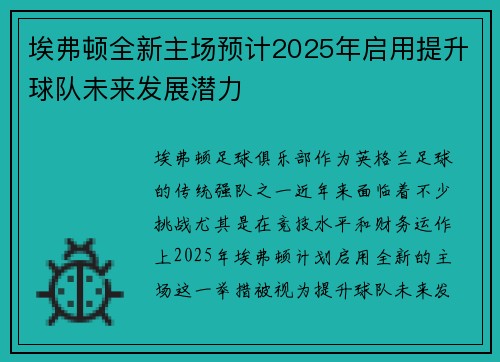 埃弗顿全新主场预计2025年启用提升球队未来发展潜力