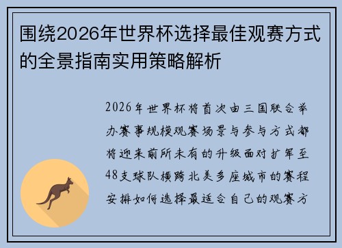 围绕2026年世界杯选择最佳观赛方式的全景指南实用策略解析 围绕2026年世界杯选择最佳观赛方式的全景指南实用策略解析