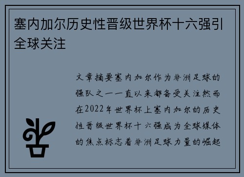 塞内加尔历史性晋级世界杯十六强引全球关注 塞内加尔历史性晋级世界杯十六强引全球关注